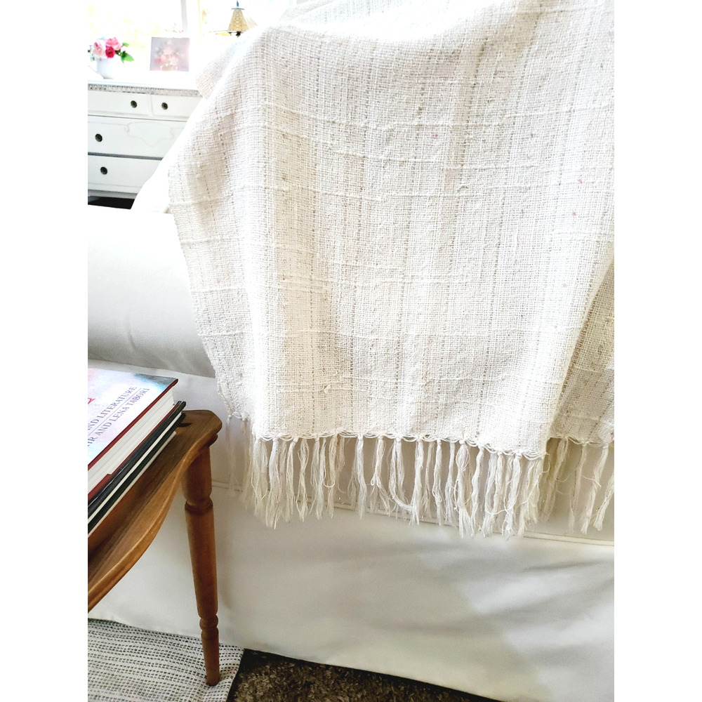 Vintage Weavers Abby Bard Throw Blanket Handwoven Neutral Beige Shimmer Fringe